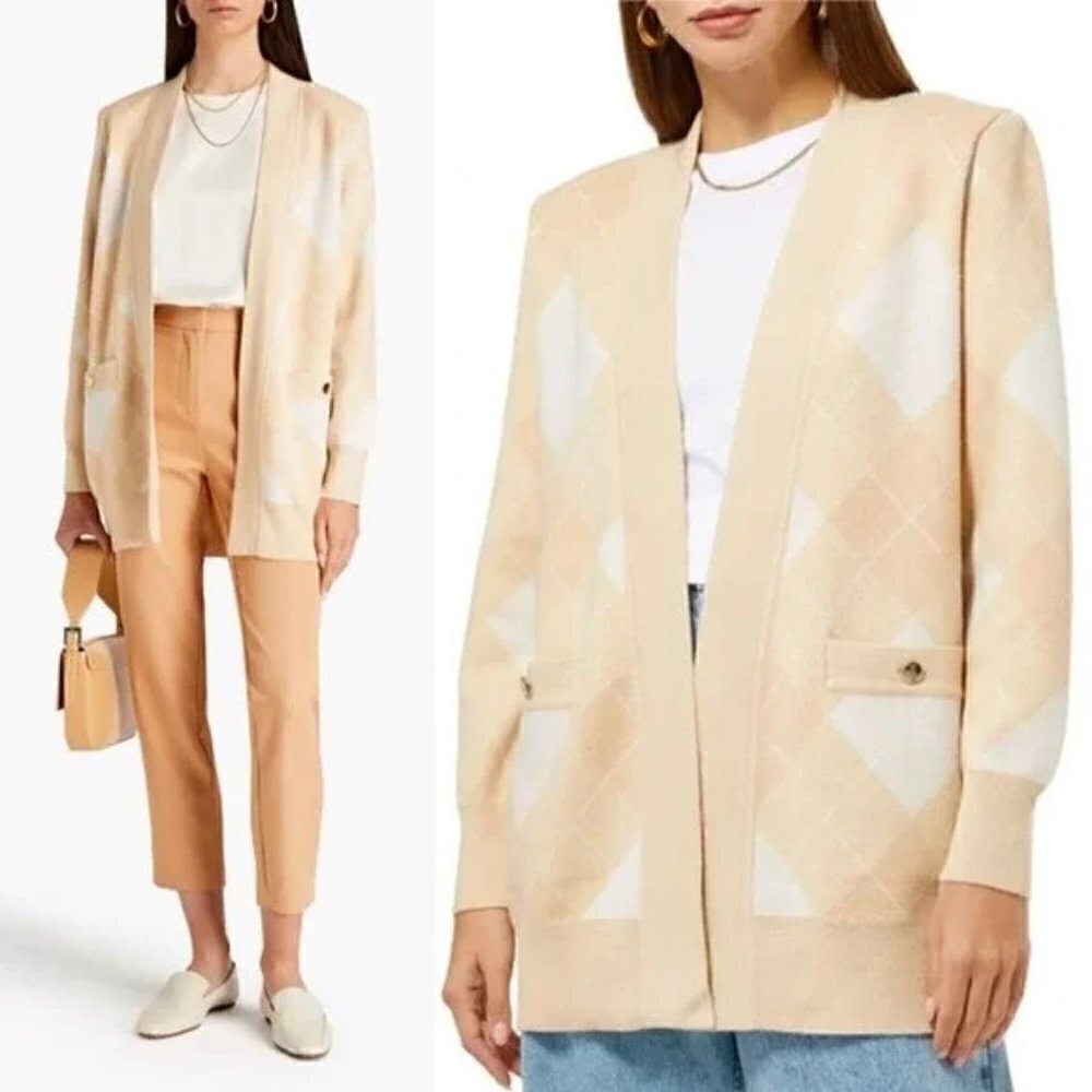 New Sandro Glenda Plaid Wool Cashmere Cardigan Ecru Diamond Argyle Knit 2/Medium